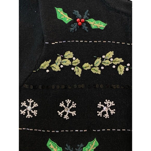 VTG Christmas Cardigan Sweater Medium Jason Maxwell Beaded Snowflakes Poinsettia - Picture 8 of 13